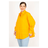 Şans Women's Orange Plus Size Hidden Pat Front Length Buttoned Stitching Detail Shirt
