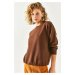 Olalook Women's Plain Dark Brown Basic Soft Textured Loose Sweatshirt