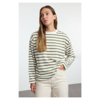 Trendyol Khaki Striped Oversize/Wide Cut Crew Neck Thin Knitted Sweatshirt