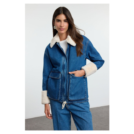 Trendyol Blue Furry Plush Denim Jacket