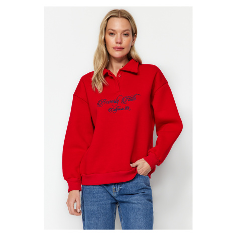 Trendyol Red Shirt Collar Embroidered Regular Fit Fleece Inside Knitted Sweatshirt