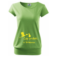 Těhotenské tričko s potiskem Čáp přiletí - vtipný motiv na triko