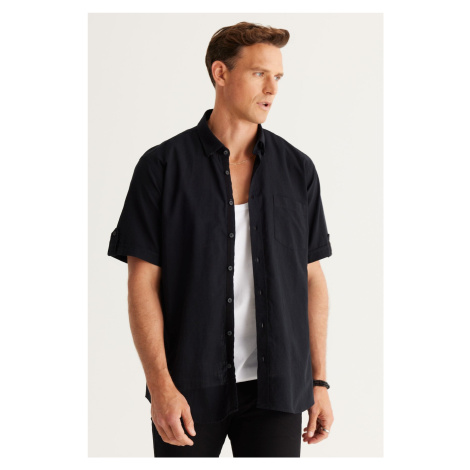 AC&Co / Altınyıldız Classics Men's Black Comfort Fit Button-down Collar Linen Look 100% Cotton S