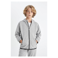 DEFACTO Boy Basic Gray Hooded Pocket Zipper Sweatshirt