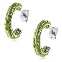 Kruhové ocelové náušnice - malé zelené zirkony, lesklé linie stříbrné barvy