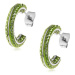 Kruhové ocelové náušnice - malé zelené zirkony, lesklé linie stříbrné barvy
