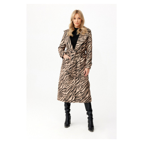 Dlouhý vlněný kabát s vázáním a zvířecím potiskem - HNĚDÝ Roco Fashion