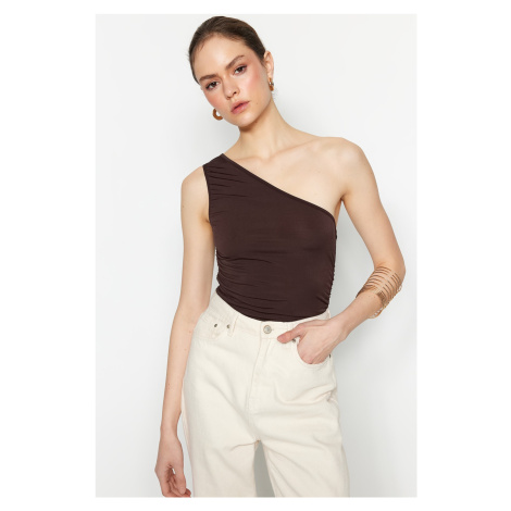 Trendyol Brown Gathered Detail Fitted One-Shoulder Elastic Knitted Blouse