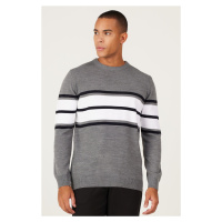 ALTINYILDIZ CLASSICS Men's Grey-Ecru Standard Fit Regular Fit Crew Neck Striped Knitwear Sweater