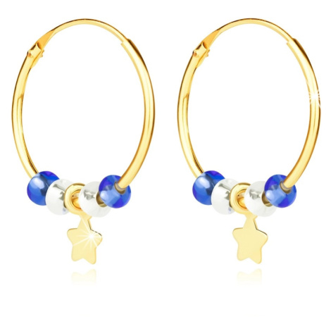 Náušnice ze žlutého 9K zlata - visací hvězda, čiré a tmavě modré krystalky, kruhy Šperky eshop