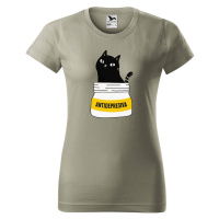 DOBRÝ TRIKO Dámské tričko s potiskem s kočkou ANTIDEPRESIVA Barva: Světlá khaki