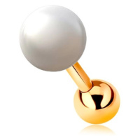 Piercing do ucha ze žlutého 14K zlata, bílá perla a lesklá kulička, 6 mm