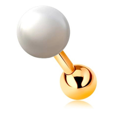 Piercing do ucha ze žlutého 14K zlata, bílá perla a lesklá kulička, 6 mm Šperky eshop