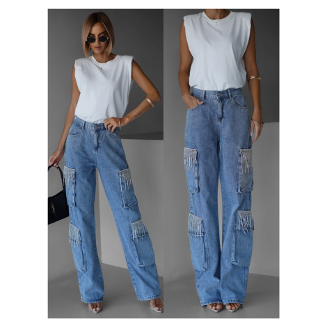 Modré cargo wide leg džíny VOLKMAR s kamínky