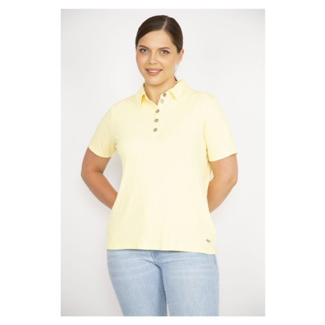 Şans Women's Yellow Plus Size Polo Neck Front Pat Buttoned Camisole Fabric Short Sleeve Plus Siz