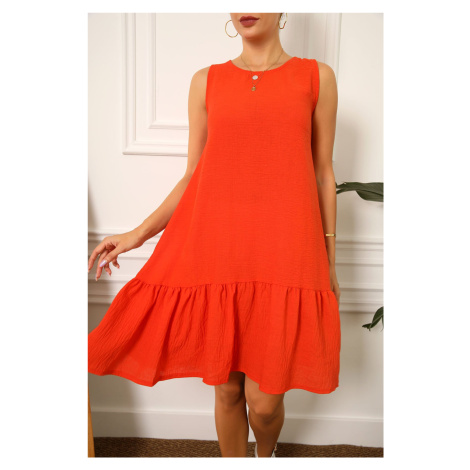 armonika Women's Orange Linen Look Textured Sleeveless Dress with Frill Skirt