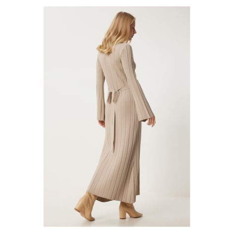 Happiness İstanbul Women's Beige Belted Ribbed Long Knit Dress