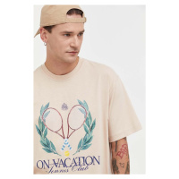 Bavlněné tričko On Vacation béžová barva, s potiskem