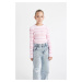 DEFACTO Girl Pink Striped Standard Fit Crew Neck Tight Knit Sweater