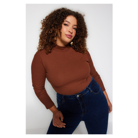 Trendyol Curve Brown Stand Collar Bodycone Ribbed Knitted Blouse