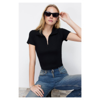 Trendyol Black Ribbed Stitch Detail Polo Neck Crop Elastic Knitted Blouse