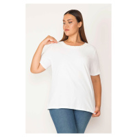Şans Women's Plus Size White Cotton Fabric Short Sleeve Blouse with Lace Collar