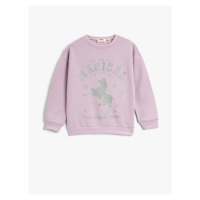 Koton Unicorn Sweatshirt Silvery Crew Neck Long Sleeve Cotton Raised