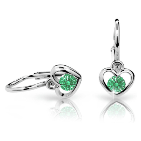 Dětské náušnice Danfil srdíčka C1943 z bílého zlata s kamínkem Emerald Green, zapínání brizura