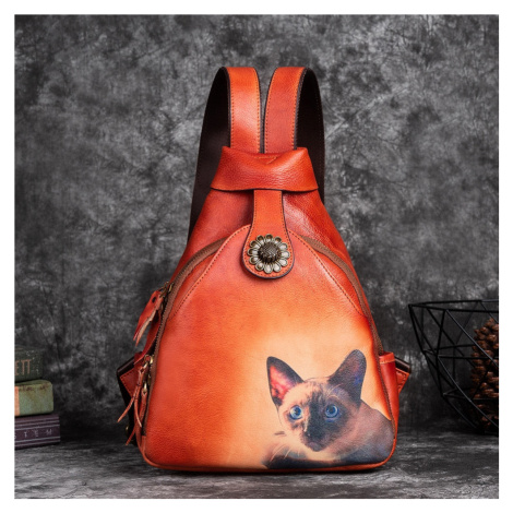 Kožený retro batoh s potiskem kočky