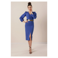By Saygı Knitted Crepe Dress Saks with a Belt Waist and Pleats on the Sleeves with a Slit.
