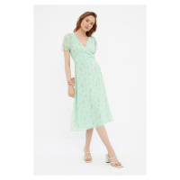 Trendyol Zelené dekoltové tkané šaty s květinovým vzorem