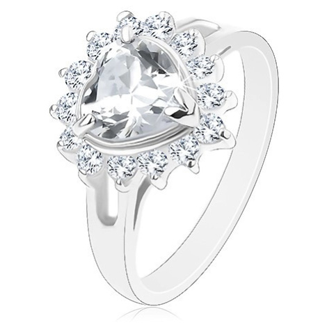Prsten stříbrné barvy, čiré broušené srdíčko lemované kulatými zirkony Šperky eshop
