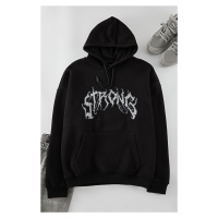 Trendyol Black Oversize/Wide Cut Fleece Hooded Sweatshirt with Text Embroidery