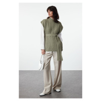 Trendyol Green Wide Fit Wool Belted Knitwear Sweater