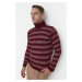 Trendyol Burgundy Fitted Slim Fit Turtleneck Striped Knitwear Sweater