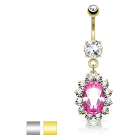 Ocelový piercing do pupíku, růžový zirkonový ovál, čirý blýskavý lem - Barva piercing: Zlatá