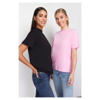 Trendyol Pink-Black 2-Pack 100% Cotton Basic High Neck Knitted T-Shirt