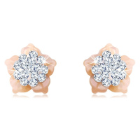 Zlaté 14K náušnice - květ s krystaly Swarovski, růžové perleťové okvětní lístky, puzetky