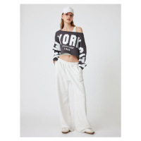 Koton Oversize Crop Sweatshirt Boat Neck Slogan Printed Raised