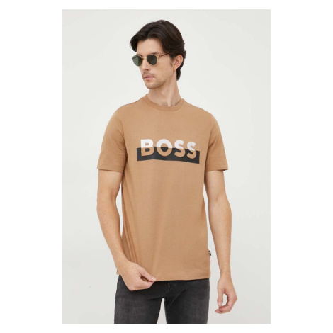 Bavlněné tričko BOSS béžová barva, s potiskem Hugo Boss