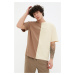 Trendyol hnědé oversize barevné bloky 100% bavlna vyšívané tričko