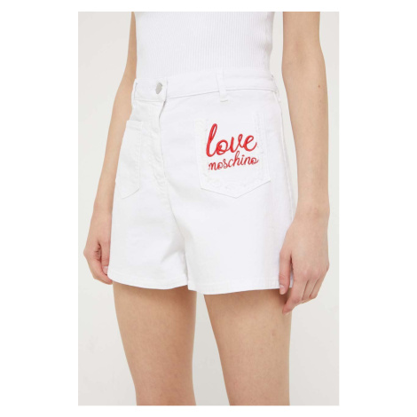 Džínové šortky Love Moschino dámské, bílá barva, s aplikací, high waist