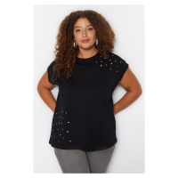 Trendyol Curve Black Crew Neck Stoned 100% Cotton Knitted T-shirt