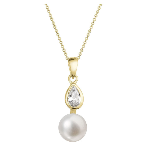 Evolution Group Zlatý 14 karátový náhrdelník žluté zlato s bílou říční perlou a zirkony 92PZ0004