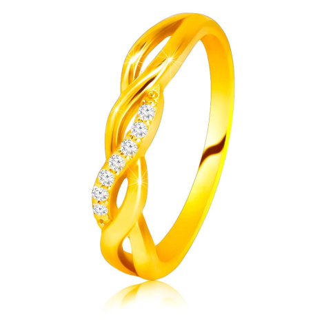 Lesklý prsten ze 14K žlutého zlata - propletené vlnky, zirkonová linie Šperky eshop