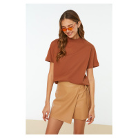 Trendyol Brown 100% Cotton Basic Stand Collar Knitted T-Shirt