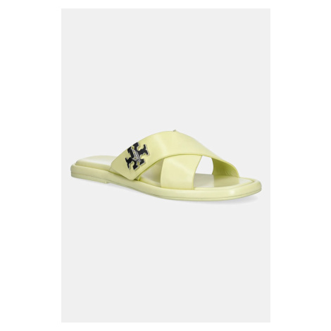 Kožené pantofle Tory Burch T Lock Cross Band Slide dámské, žlutá barva, 170611-700