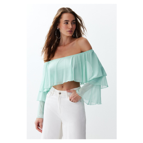 Trendyol Mint Ruffle Detail Long Sleeve Lined Crop/Short Knitted Blouse