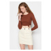 Trendyol Brown Smocking Detail Fitted Crop Crew Neck Ribbed Cotton Stretch Knitted Blouse