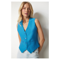 Happiness İstanbul Women's Blue V-Neck Stylish Airobine Vest